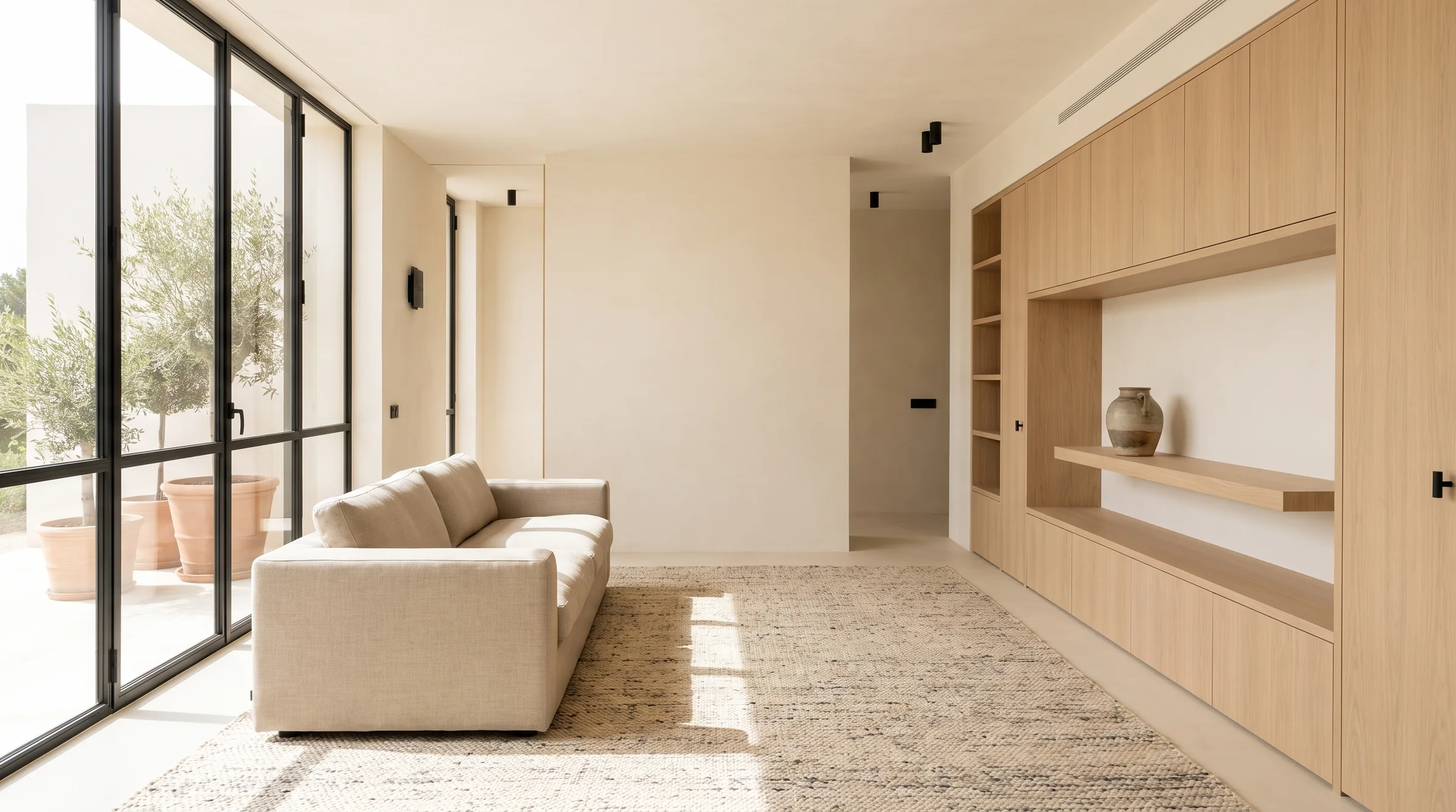 Intérieur moderne : bois clair, tons neutres, aluminium fin, lumière naturelle.