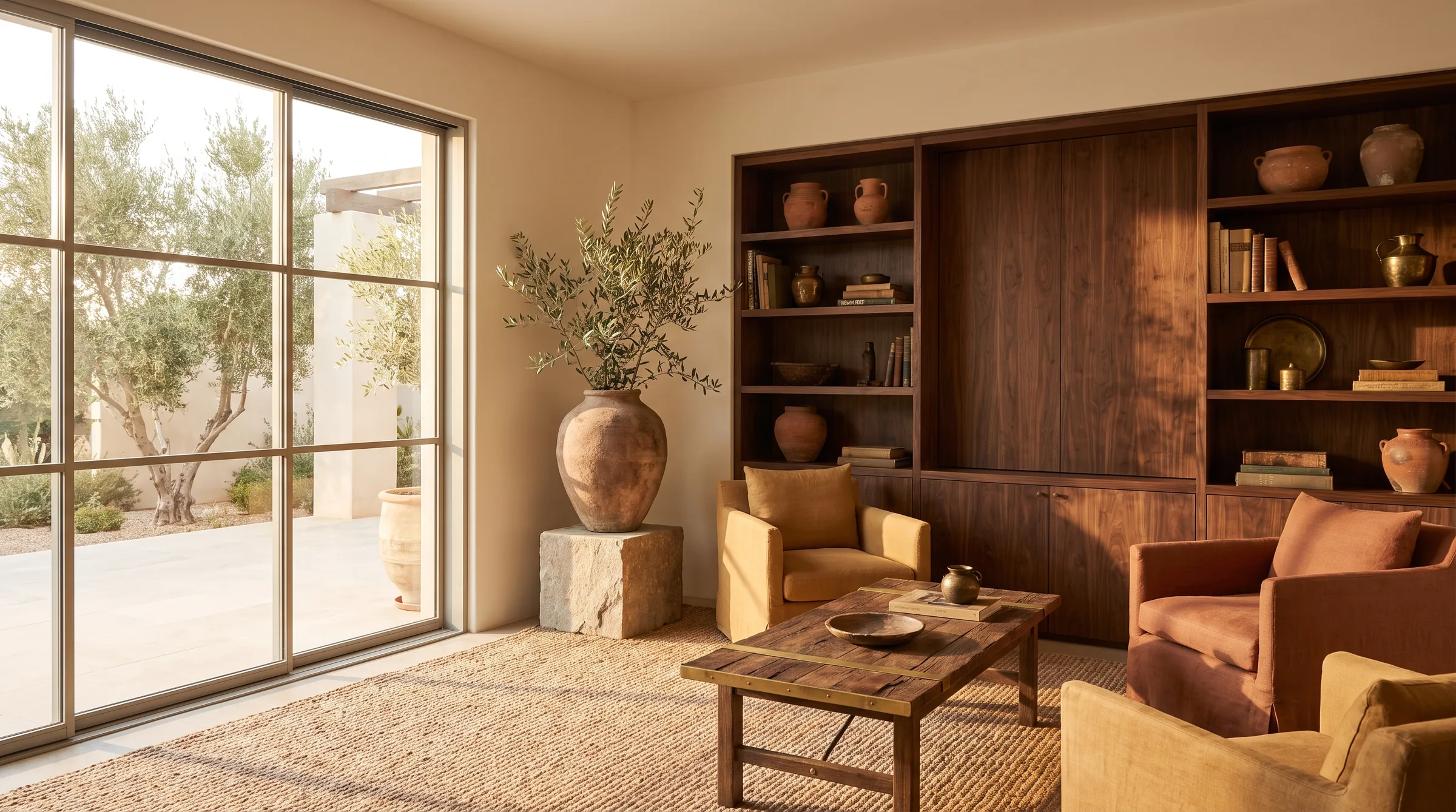 Intérieur rustique chic : bois texturé, matières naturelles, lumière chaude.