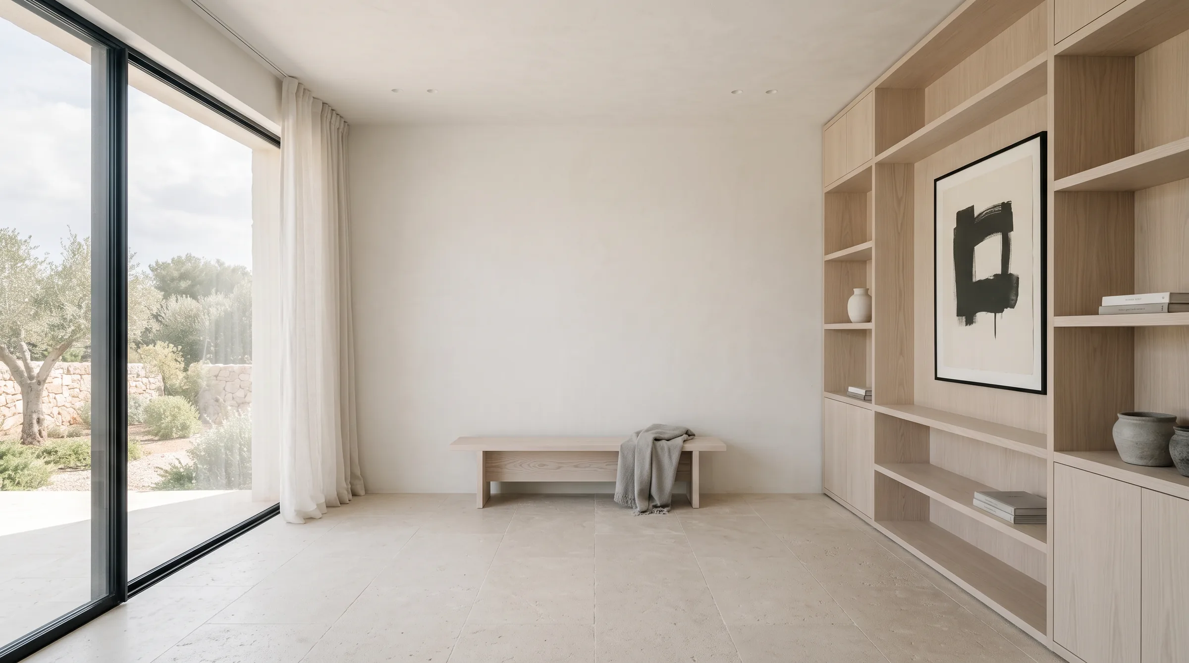 Intérieur minimaliste : blanc cassé, espace, lumière diffuse, rangement intégré.