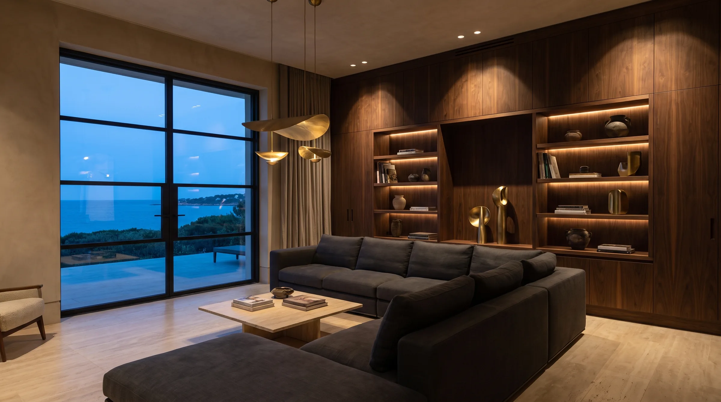 Intérieur luxe contemporain : bois foncé, pierre noble, éclairage architectural.