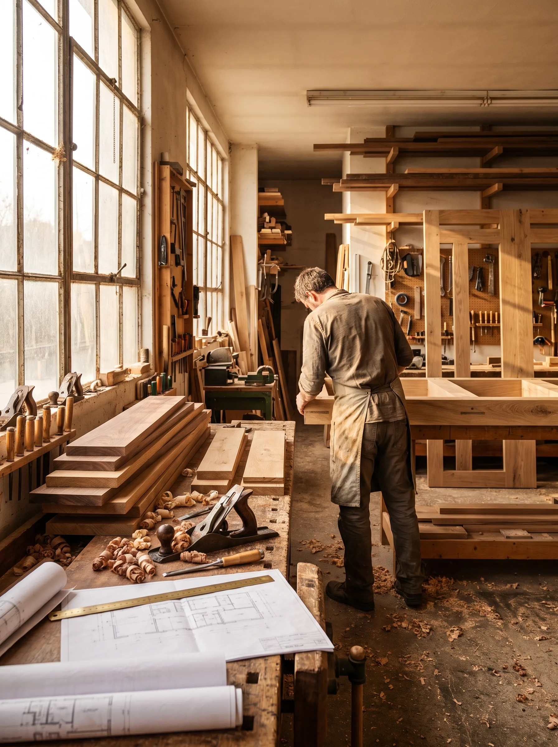 Atelier de menuiserie — travail du bois à la main.