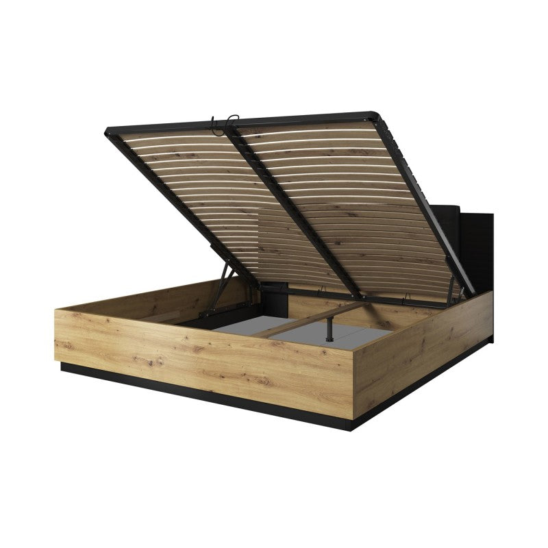 Lit coffre ASTER bois & tête capitonnée noire